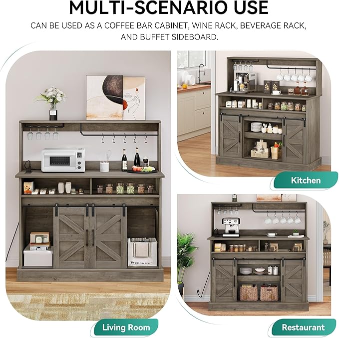 YITAHOME Buffet Cabinets with Storage, 47" Coffee Bar with Goblet Holder & Power Outlet, Farmhouse Sideboard Cabinets with Sliding Barn Doors for Kitchen, Living Room (Rustic Grey Oak)
