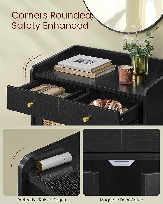VASAGLE BOHOVEN Collection - Buffet Cabinets, Set of 2, Sideboard Storage Cabinets with Rattan-Like Doors and Drawers, Accent Cabinets, Adjustable Shelf, Boho Style, for Living Room, Ebony Black