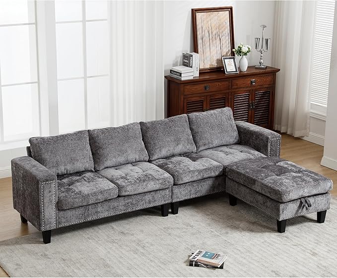 Ball & Cast 104.5" L Shaped Sectional Couch with Storage Ottoman, Chenille Upholstered 5 Seat Modular Sofa with Reversible Chaise for Living Room, Easy Assembly, Gray