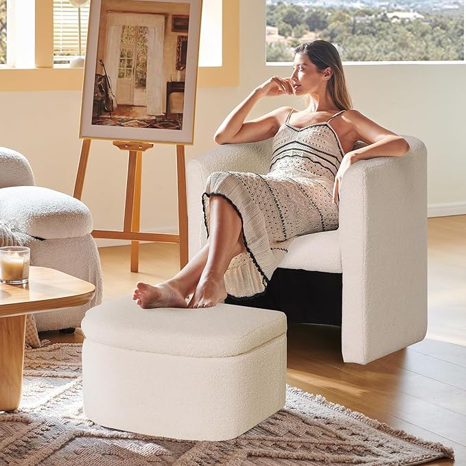COLAMY Upholstered Sherpa Barrel Accent Chair with Storage Ottoman, Morden Living Room Side Chair, Single Sofa Armchair with Lounge Seat for Bedroom/Office/Reading Spaces, Cream