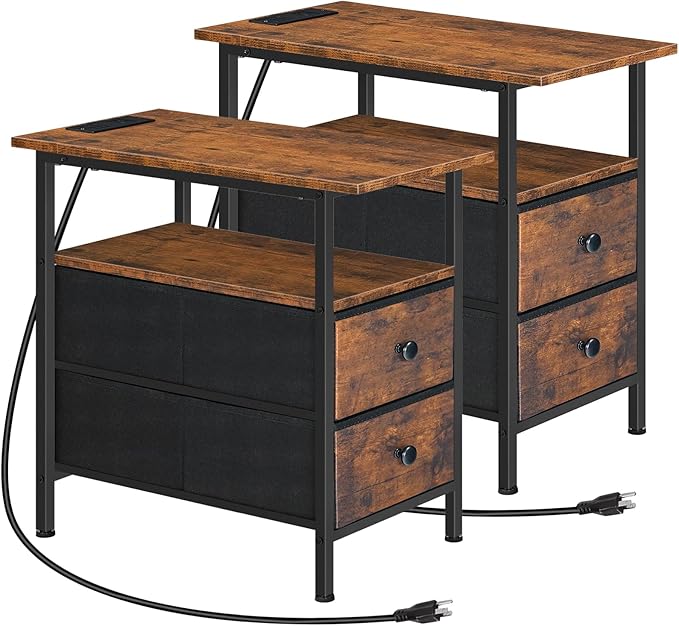 HOOBRO End Table with Charging Station, Set of 2 Narrow Side Tables, Nightstand with 2 Non-Woven Drawers, Slim Sofa Table, for Small Spaces, Living Room, Bedroom, Rustic Brown and Black BF486UBZP201