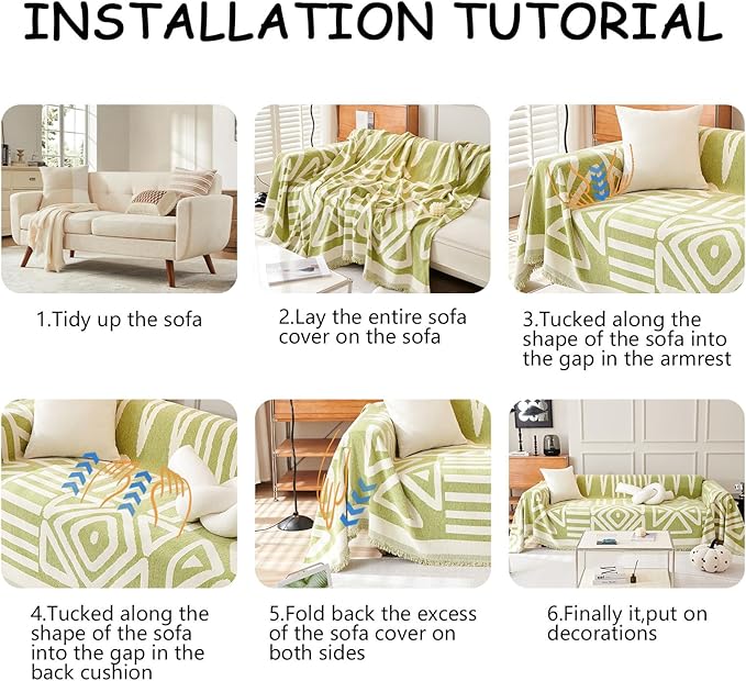 HANDONTIME Green Sofa Covers Chenille Couch Covers Universal Sofa Cover Boho Cover for Sofa 3 Seats Dogs Couch Furniture Protector Couch Cushion Covers Sectional Couch Covers for L Shaped, 91" X118"