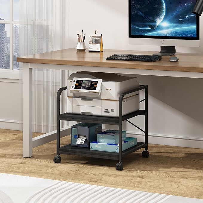 2 Tier Under Desk Printer Stand with Storage, 20 Inches Deep Large Printer Table with Height Adjustable Shelf, Rolling Printer Cart with Wheels for Home Office - Black