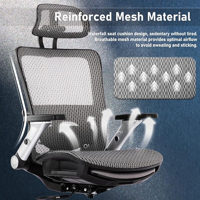 COLAMY Ergonomic Mesh Office Chair with Footrest, High Back Computer Executive Desk Chair with Headrest and 4D Flip-up Armrests, Adjustable Tilt Lock and Lumbar Support-Grey