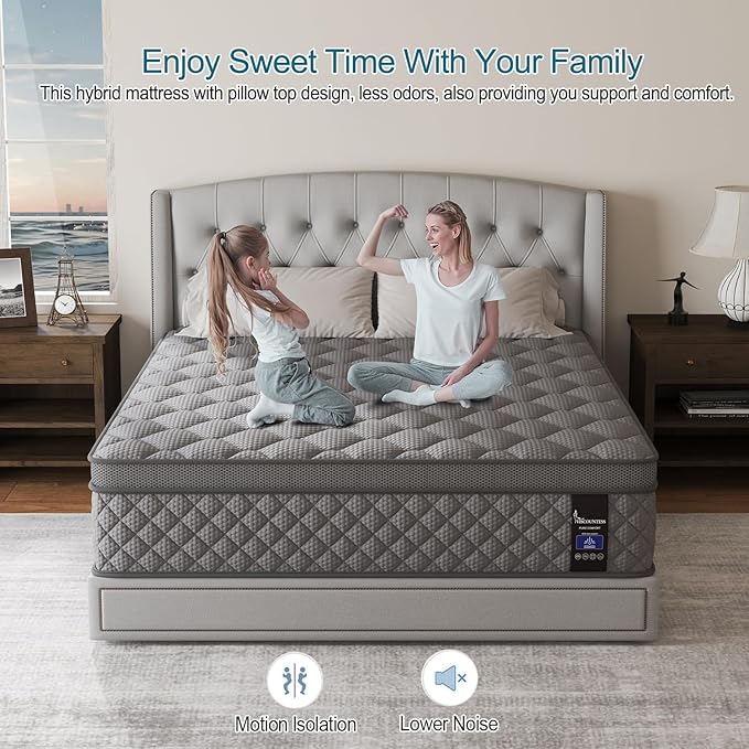 Twin Mattress, 14 Inch Hybrid Mattresses Grey Euro Top Medium Firm for Back & Lumbar Support, 100 Night Trial, Individual Pocket Spring Bed for Motion Isolation & Pressure Relief