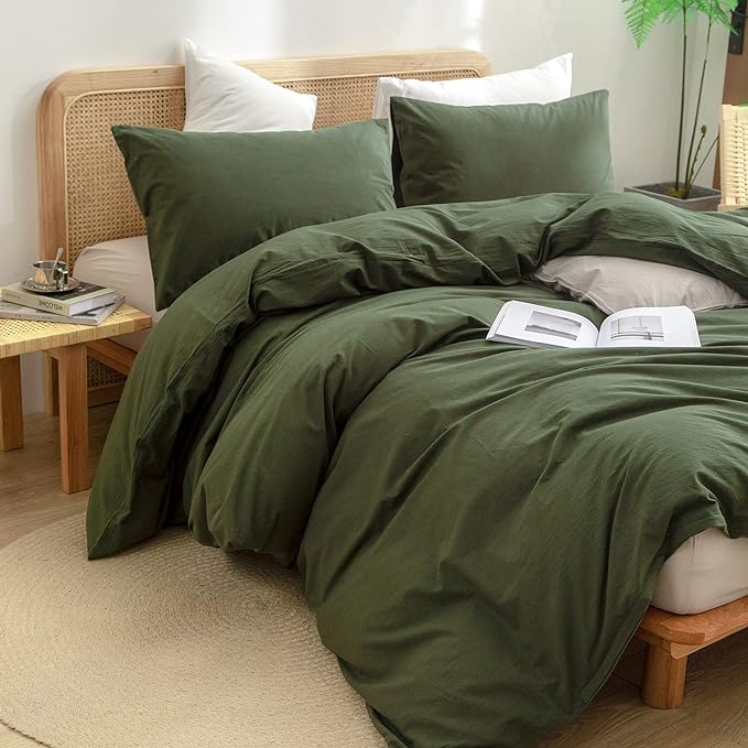 BESTOUCH Duvet Cover Set 100% Washed Cotton Linen Feel Super Soft Comfortable Chic Lightweight 3 PCs Home Bedding Set Olive Green King