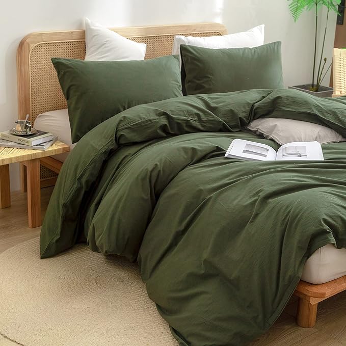 BESTOUCH Duvet Cover Set 100% Washed Cotton Linen Feel Super Soft Comfortable Chic Lightweight 3 PCs Home Bedding Set Solid Olive Green Super Queen