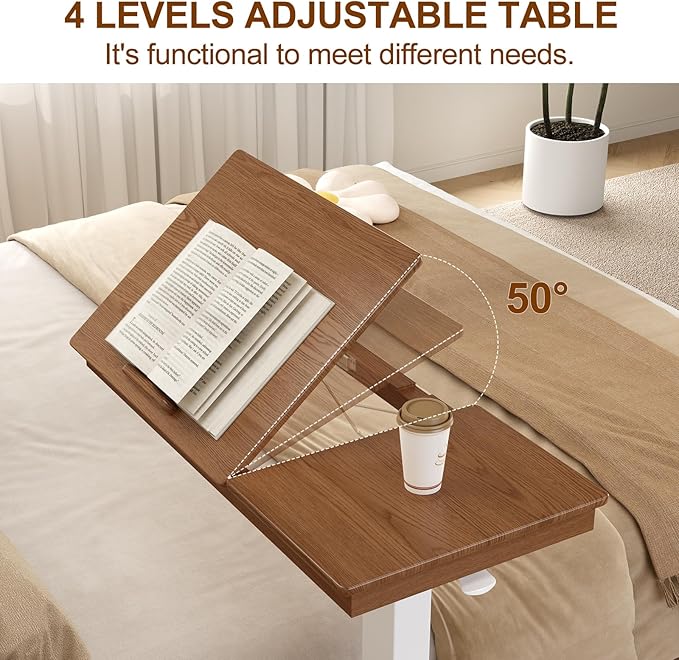 Solid Wood Overbed Bedside Table with Wheels, Adjustable Medical Tilt Top Hospital Bed Table Over The Bed, Rolling Laptop Desk, Mobile Standing Desk for Hospital and Home Use (Walnut)