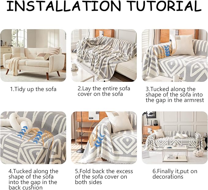 HANDONTIME Grey Sofa Cushion Covers Boho Couch Sofa Covers Dog Couch Cover for Sofa Chenille Couch Sofa Slipcover for Pets Sofa Cover Thick Washable Sectional Slip Covers for Sofas/Couches 71" X118"