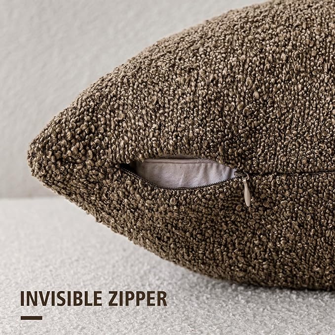 Foindtower Pack of 2 Textured Boucle Throw Pillow Covers Accent Solid Pillow Cases Cozy Soft Decorative Couch Cushion Case for Chair Sofa Bedroom Living Room Home Decor 18x18 Inch Light Brown