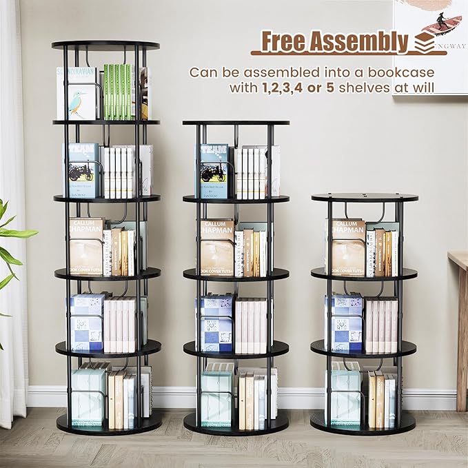 5 Tier Rotating Bookshelf, 360 ° Display Stackable Spinning Bookshelf Tower, Corner Bookshelf Tall Floor Standing Swivel Bookcase Narrow Storage Organizer for Bedroom, Living Room, Black