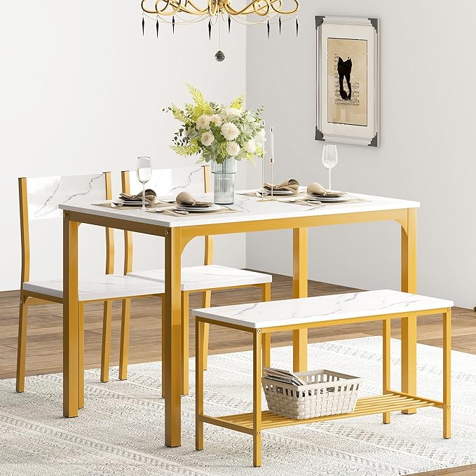 soges 4 Person Dining Table Set,43.3 inch Kitchen Table Set for 4,2 Chairs with Backrest,2-Person Bench with Storage Rack,Nesting Furniture Set for Dining Room and Restaurant, White Gold