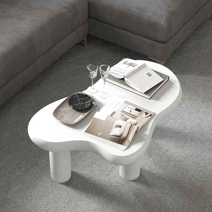 HollyHOME Cloud Coffee Table, Unique Design Accent Table for Living Room and Bedroom, Stylish and Functional Furniture Piece-Durable and Easy to Clean, Free Shape with 3 Legs, 33.9in, Cream White