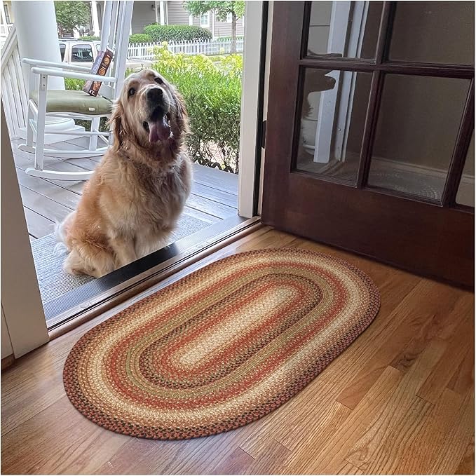 Homespice Gingerbread Jute Braided Rug 27x45in Oval Brown-Red-Black Natural Jute Rug. Uses- Indoor Entryway, Kitchen Rug, Bedroom Doorway Reversible, Rustic, Country, Primitive, Farmhouse Decor