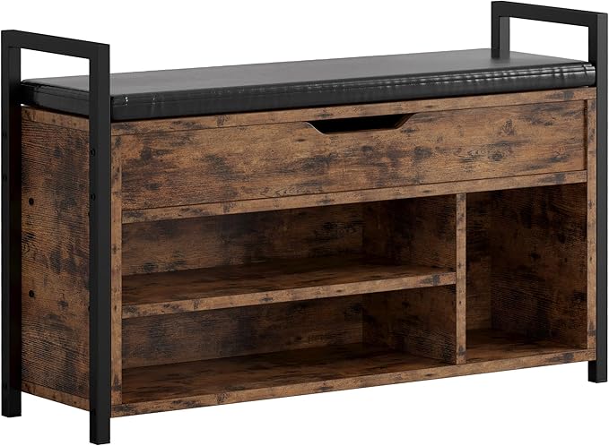 IRONCK Shoe Storage Bench, Entryway Bench with Lift Top Storage Box, Metal and Board Bench for Entryway, Two Tier Shoe Rack Organizer for Entryway, Hallway, Industrial, Vintage Brown