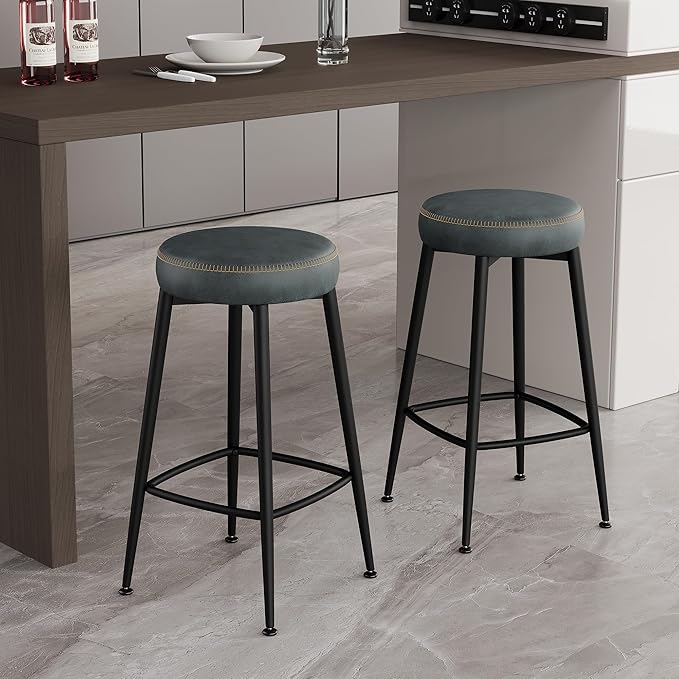 Counter Height Bar Stools, 26" H Backless Bar Stools Set of 2, Upholstered Faux Leather Kitchen Counter Stools, Mid Century Modern, Kitchen Island Home Bar, Pub, Black Blue