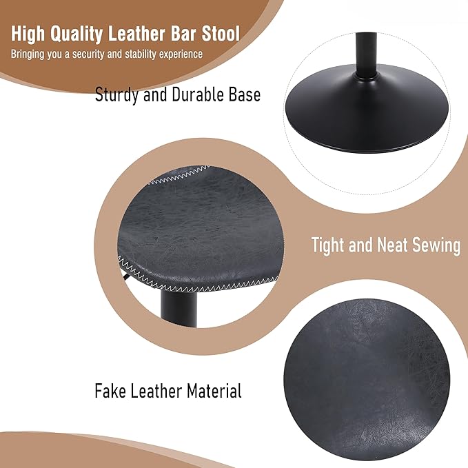 Bar Stools Set of 2, Swivel Counter Height Barstools with Back, Adjustable Bar Chairs, Tall Armless PU Leather Kitchen Island Stool (Black)