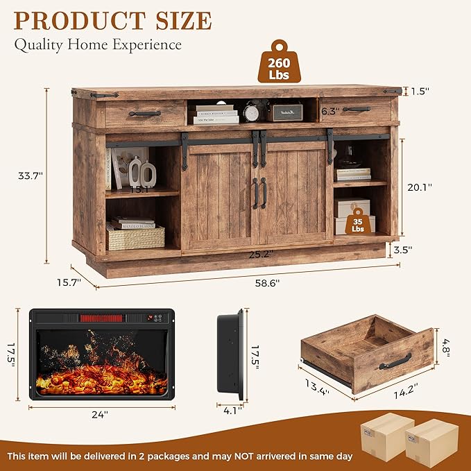 59'' Fireplace TV Stand with 3D Flame Electric Fireplace Heater, 34'' Tall Farmhouse TV Stand for 65 Inch TV, Entertainment Center TV Console with 2 Drawers, Sliding Barn Door for Living Room - Brown