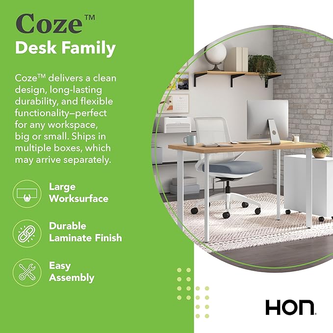 HON Coze Home Office Desks, Sturdy Table Computer Desk, 42", Natural Recon Top, White Base