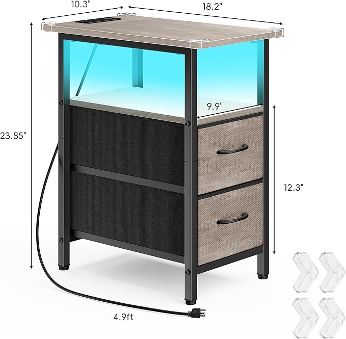 Vagusicc Nightstand with Charging Station and LED Lights, Narrow Side Table, LED Night Stand with 2 Fabric Drawers, Bedside Table with USB Ports and Outlets, Tall Nightstand for Bedroom, Rustic Grey