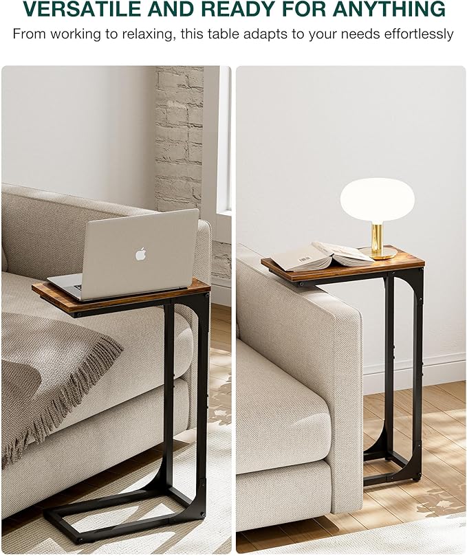 C-Shaped Side Table for Couch - Small Coffee Stand Sofa Tray Desk with Sturdy Metal Frame and Waterproof Scratch Resistant Wood Surface, Modern End Accent for Living Room, Bedroom,Rustic Brown