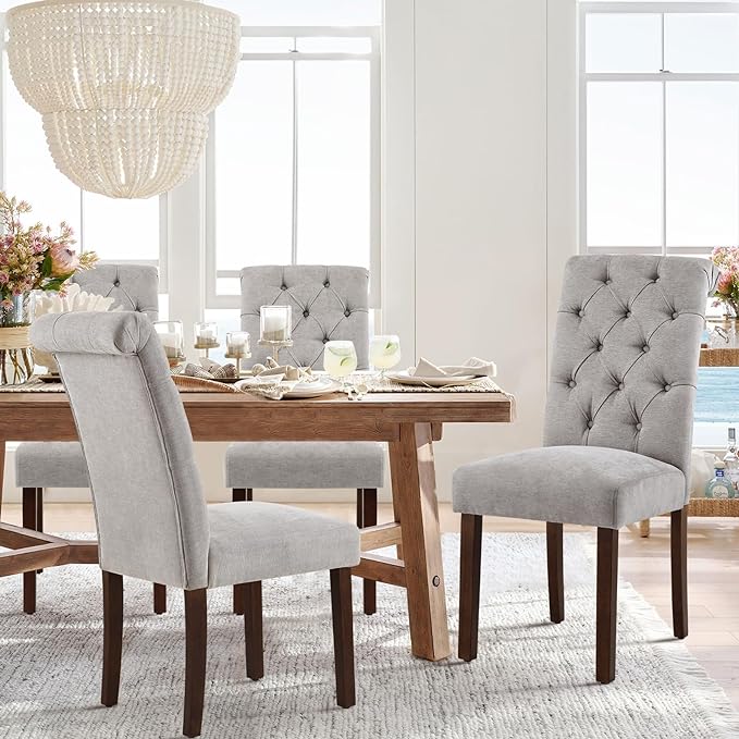 COLAMY Button Tufted Dining Chairs Set of 2, Parsons Upholstered Fabric Dining Room Chairs Kitchen Chairs with Wood Legs and Padded Seat, Light Grey