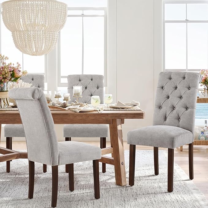 COLAMY Button Tufted Dining Chairs Set of 6, Parsons Upholstered Fabric Dining Room Chairs Kitchen Chairs with Wood Legs and Padded Seat, Light Grey