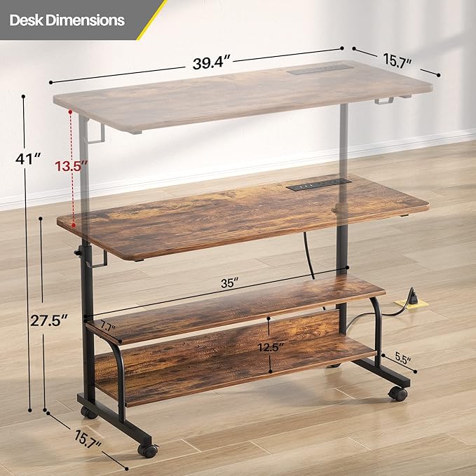 Armocity Height Adjustable Standing Desk with Power Outlets, 39" Manual Stand Up Desk with Storage Shelves Small Mobile Rolling Computer Desk Portable Laptop Table with Wheels for Home Office, Rustic