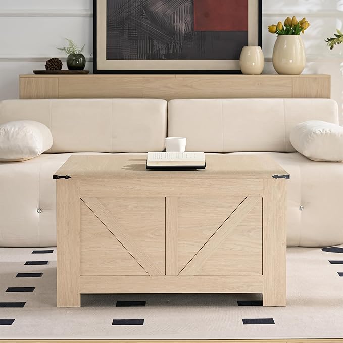 Farmhouse Coffee Table for Living Room, Wood Square Coffee Tables, 31.5" D x 31.5" W, Natural Oak