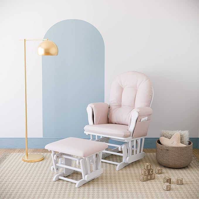 Storkcraft Premium Hoop Glider & Ottoman (White/Pink) — GREENGUARD Gold Certified Nursery Glider, Solid Wood Craftsmanship, Smooth-Gliding Nursery Chair and Ottoman, Award-Winning
