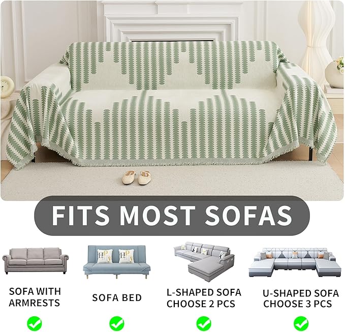 HAOMAIJIA Boho Sofa Covers Couch Covers for 3 Cushion Couch Sofa Pet Friendly Soft Thick Non Slip Couch Cover for Dogs Washable Sectional Couch Covers L Shape Furniture Protector (Green, 71"x118")