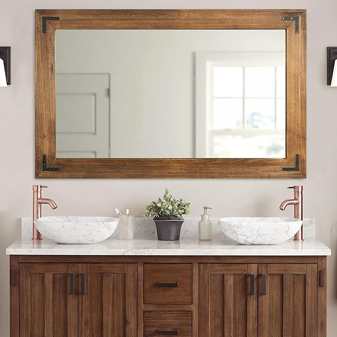 YOSHOOT Rustic Wooden Framed Wall Mirror, Natural Wood Bathroom Vanity Mirror for Farmhouse Decor, Vertical or Horizontal Hanging, 60" x 30", Brown
