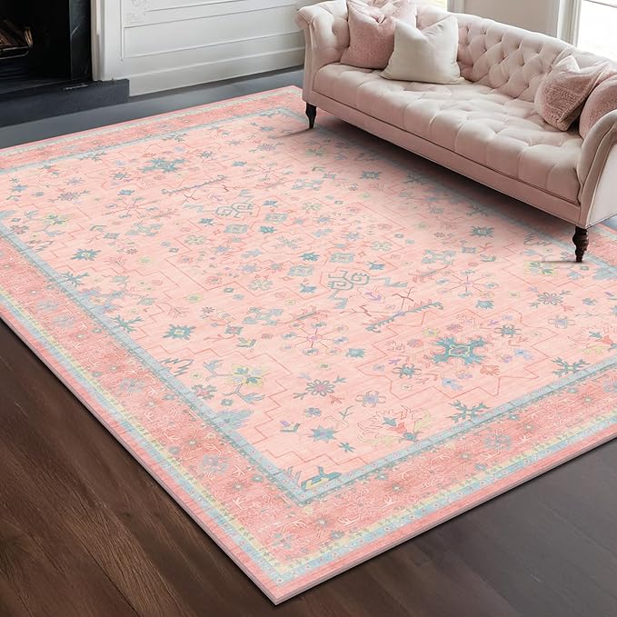 Pink Rugs for Bedroom Girls, 5x7 Washable Area Rug for Living Room Nursery Kids Baby Playroom Indoor Decor, Oushak Floral Vintage Low Pile Boho Non Slip Foldable Carpet