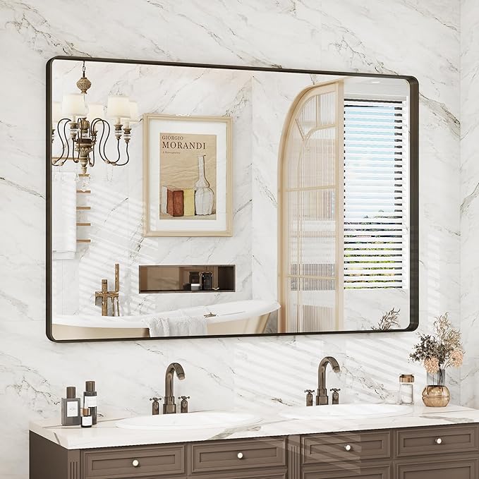 48x32 Bronze Framed Bathroom Mirror, Brushed Bronze Metal Vanity Mirror, Bronze Rectangle Mirror for Wall, Rounded Corner, Tempered Glass, Anti-Rust, Shatterproof (Horizontal/Vertical)