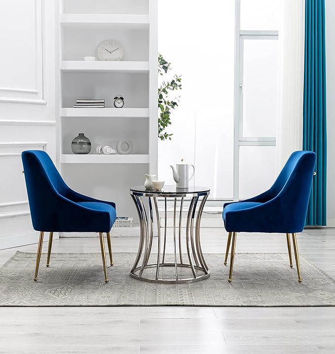 Velvet Dining Chairs Set of 2, Furniture Collection Modern Contemporary Upholstered with Polished Gold Metal Legs(Blue)