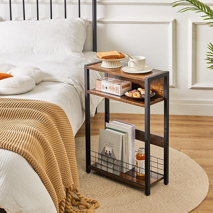 IBUYKE Narrow Side Table with Storage Shelf, 3 Tier End Table,Modern Sofa Table,Small Nightstand with Magazine Rack,Telephone Table for Small Spaces,for Living Room, Bedroom,Brown UTMZ001H