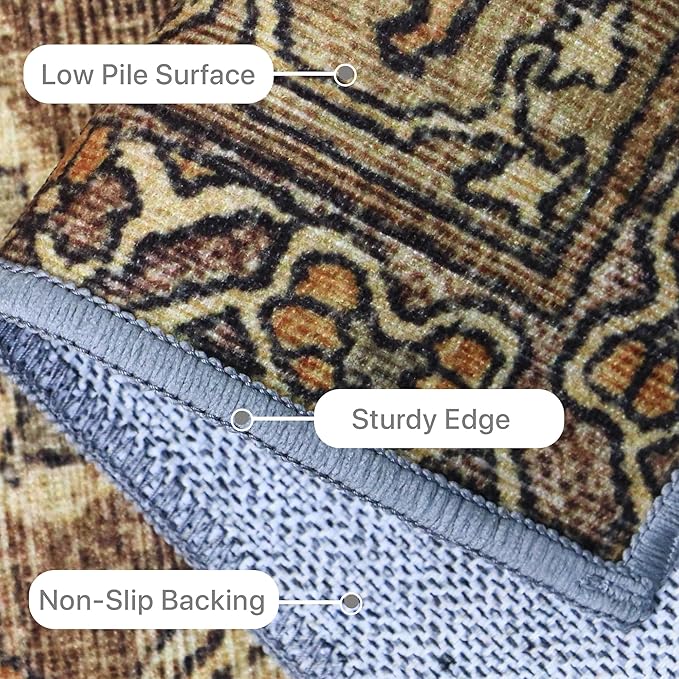 6X9 Area Rugs Machine Washable Rugs for Living Room, Vintage Boho Large Rugs for Bedroom Dining Room, Non Slip Indoor Soft Distressed Lightweight Thin Low Pile Carpet, Rustic Brown