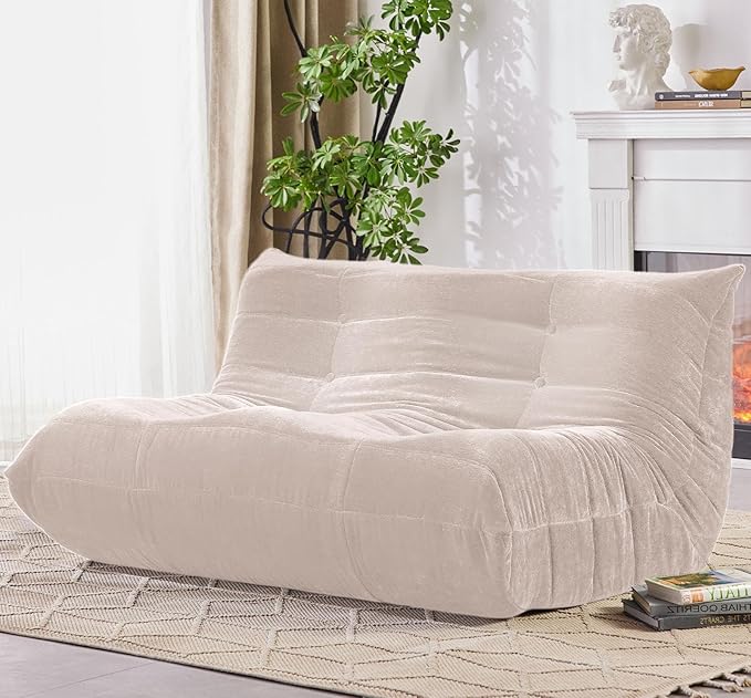 Bean Bag Chair, Loveseat Fireside Chair Large Bean Bag Sofa for Adults, Memory Foam Two Seater Couch Gaming Chairs with Comfy Design, Lazy Floor Sofa for Living Room, Bedroom, Beige