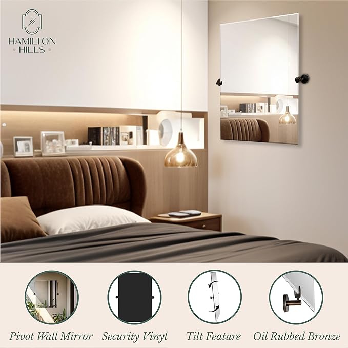 Hamilton Hills 30x40 inch Frameless Pivot Mirrors for Bathrooms with Oil Rubbed Bronze Rounded Wall Brackets - Rectangular Tilting and Farmhouse Wall-Mounted Vanity - Hangs Horizontally and Vertically