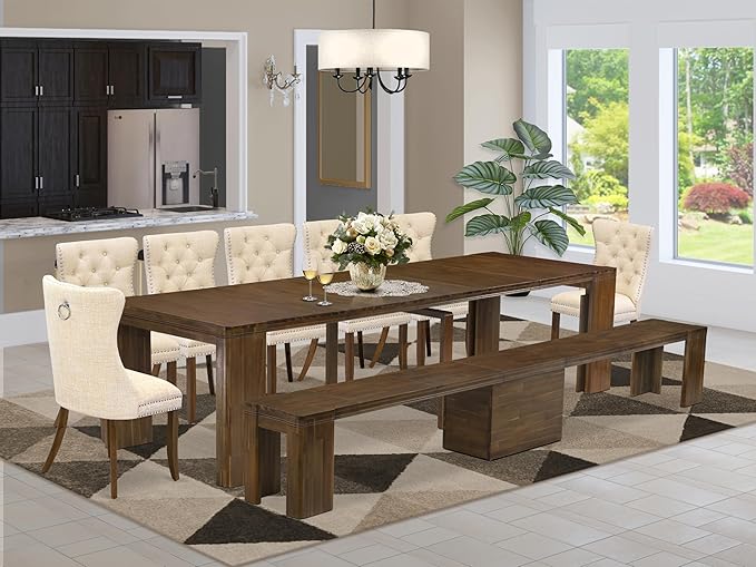X07DA-B08-32 - 9 Pieces Dining Table Set contains an Extendable Rectangle Kitchen Table, 7 Polyester Fabric Dining Chairs and 1 Modern Bench, 39x120 Inch, Antique Walnut