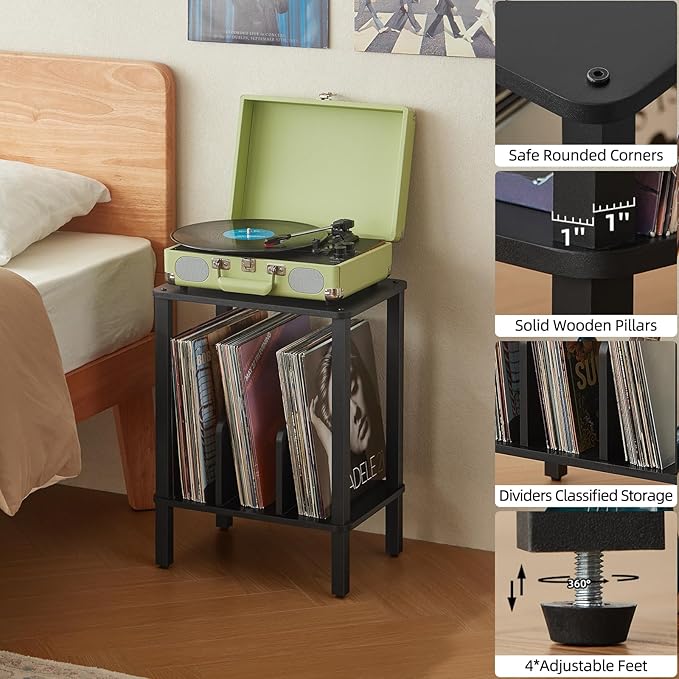 LELELINKY 2-Tier Bamboo Record Player Stand Set of 2 with Vinyl Record Storage up to 100 Albums, Boho Bedroom Record Holder and Multi-Functional End Table for Living Room, Black