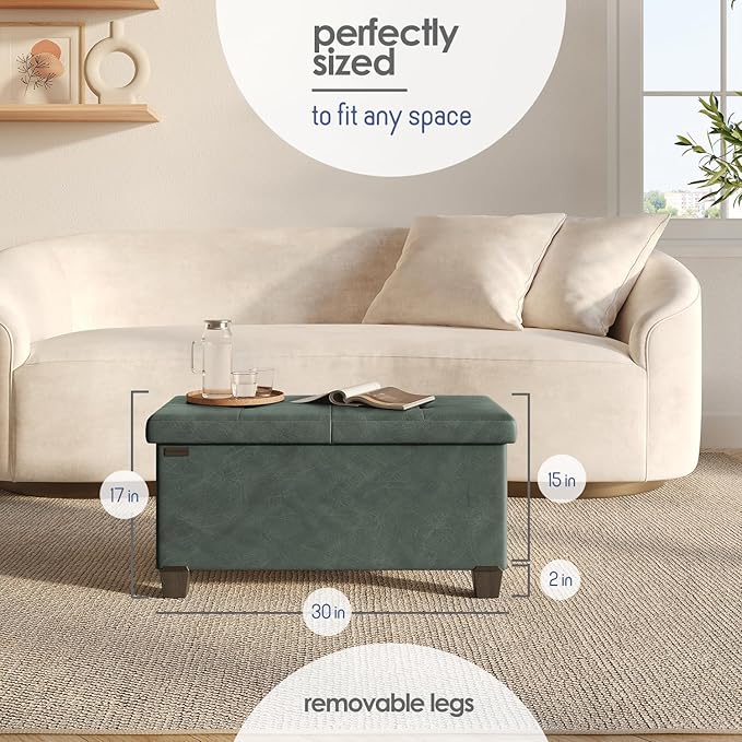 STORAGEBUD Storage Ottoman Bench with Bins, 30-in Storage Bench for Bedroom End of Bed, Folding Foot Rest Ottoman for Living Room Max 660lbs, Faux Leather Ottomans, Green