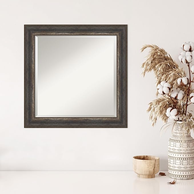 Amanti Art Brown Wall Mirror 25x25 Alta Rustic Char Square Bathroom Mirror for Wall Decor Living Room, Medium Rustic Farmhouse Frame, Hangs Horizonally and Vertically, Bathroom Decor, Beveled Edge