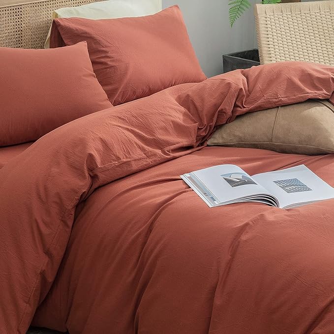 BESTOUCH Duvet Cover Set 100% Washed Cotton Linen Feel Super Soft Comfortable Chic Lightweight 3 PCs Home Bedding Set Solid Crimson Red Full/Double