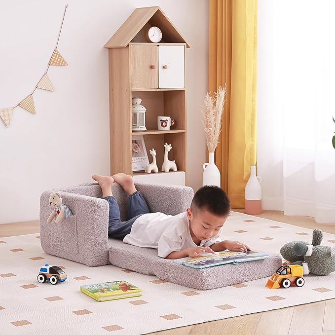 Tiita Kids Sofa, 2-in-1 Todder Couch, Convertible Children Couch to Lounger, Flip Out Kids Sofa Chair, Toddler Armrest Chair Bed, Folding Kids Play Sofa for Girl or Boy (Grey)