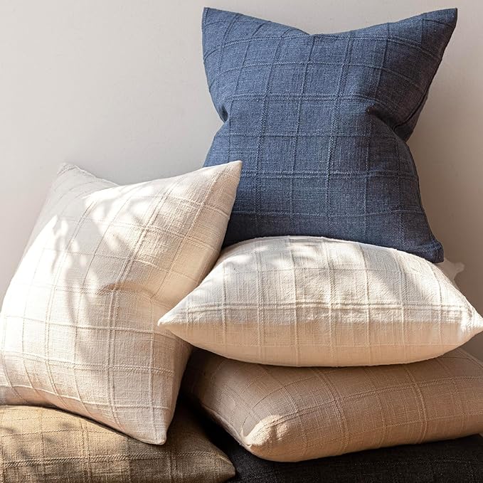 Foindtower Set of 2 Decorative Linen Check Throw Pillow Covers Neutral Farmhouse Vintage Cushion Covers Modern Coastal Boho Home Decor for Sofa Chair Couch Bedroom Living Room Outdoor,16×16 Inch,Blue
