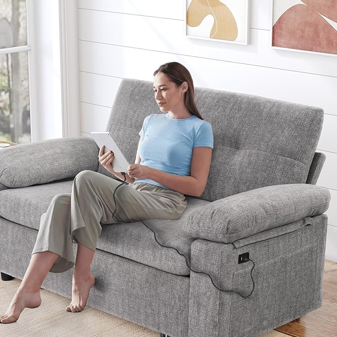 Vipbear 58" Convertible Sofa Bed, 3-in-1 Pull Out Sleeper Sofa with USB Ports & Adjustable Backrest, Loveseat with Side Pocket for Living Room, Apartment, Tool-Free Assembly, Chenile Light Grey