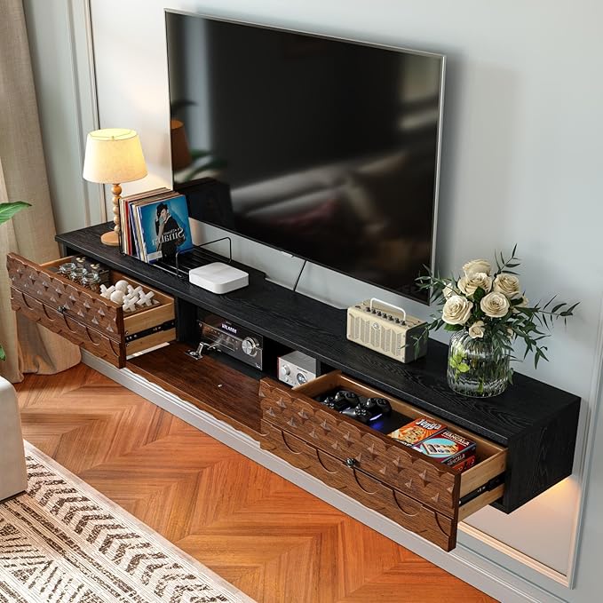 Fully-Assembled Floating TV Stand, Vintage Carved Floating Entertainment Center with Flip-Down Doors & Drawer, Walnut Wood Media Console Shelf Cabinet Under TV Storage for Living Room, 47IN