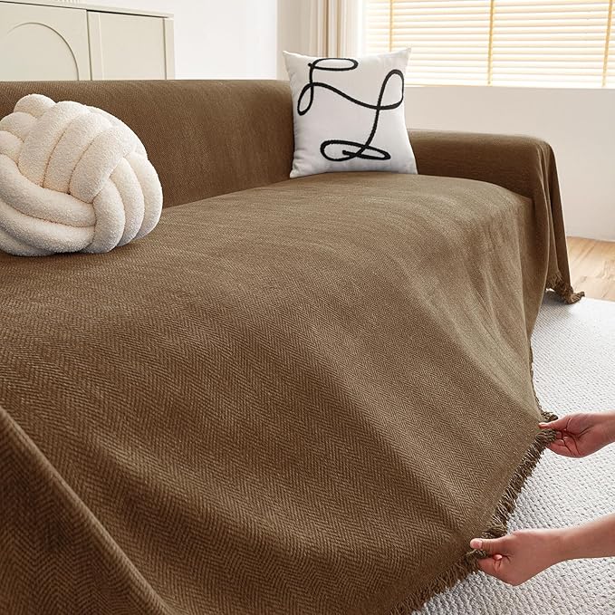 hyha Couch Cover for Dogs, Boho Sofa Covers for 3 Cushion Couch Washable, Chenille Sofa Slipcover for Pets, Soft Loveseat Sectional Couch Throw Blankets with Tassels (Chocolate, 88.5x150 Inch)