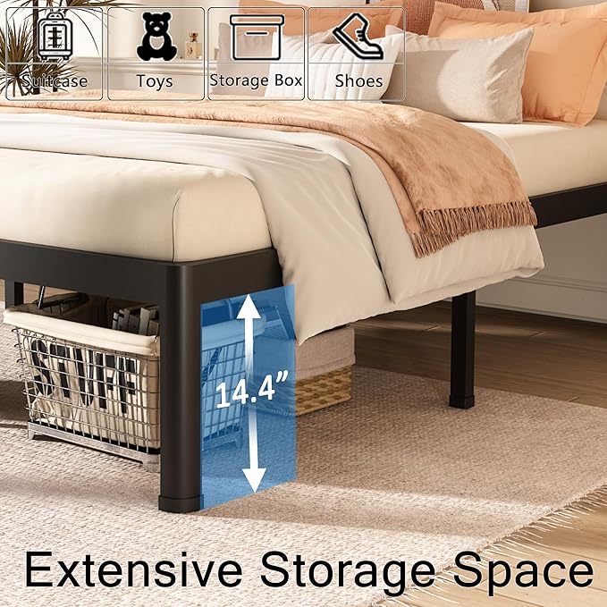 FUIOBYVV California King Bed Frame with Round Corner Edge Legs 16 inch High 3500 lbs Heavy Duty Metal Platform Bed Frame King Size No Box Spring Needed/Noise Free/Steel Slat Support/Non-Slip Black